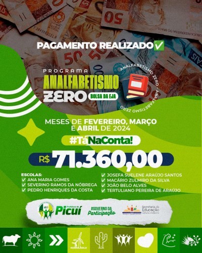Prefeitura de Picuí efetua pagamento do programa Analfabetismo Zero