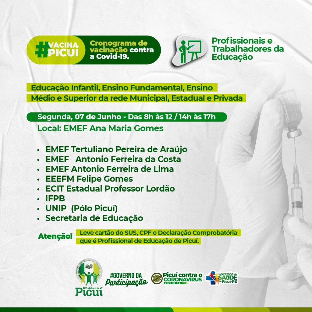 Campanha de imunização contra a COVID-19 segue em andamento para os professores e profissionais da Educação de Picuí